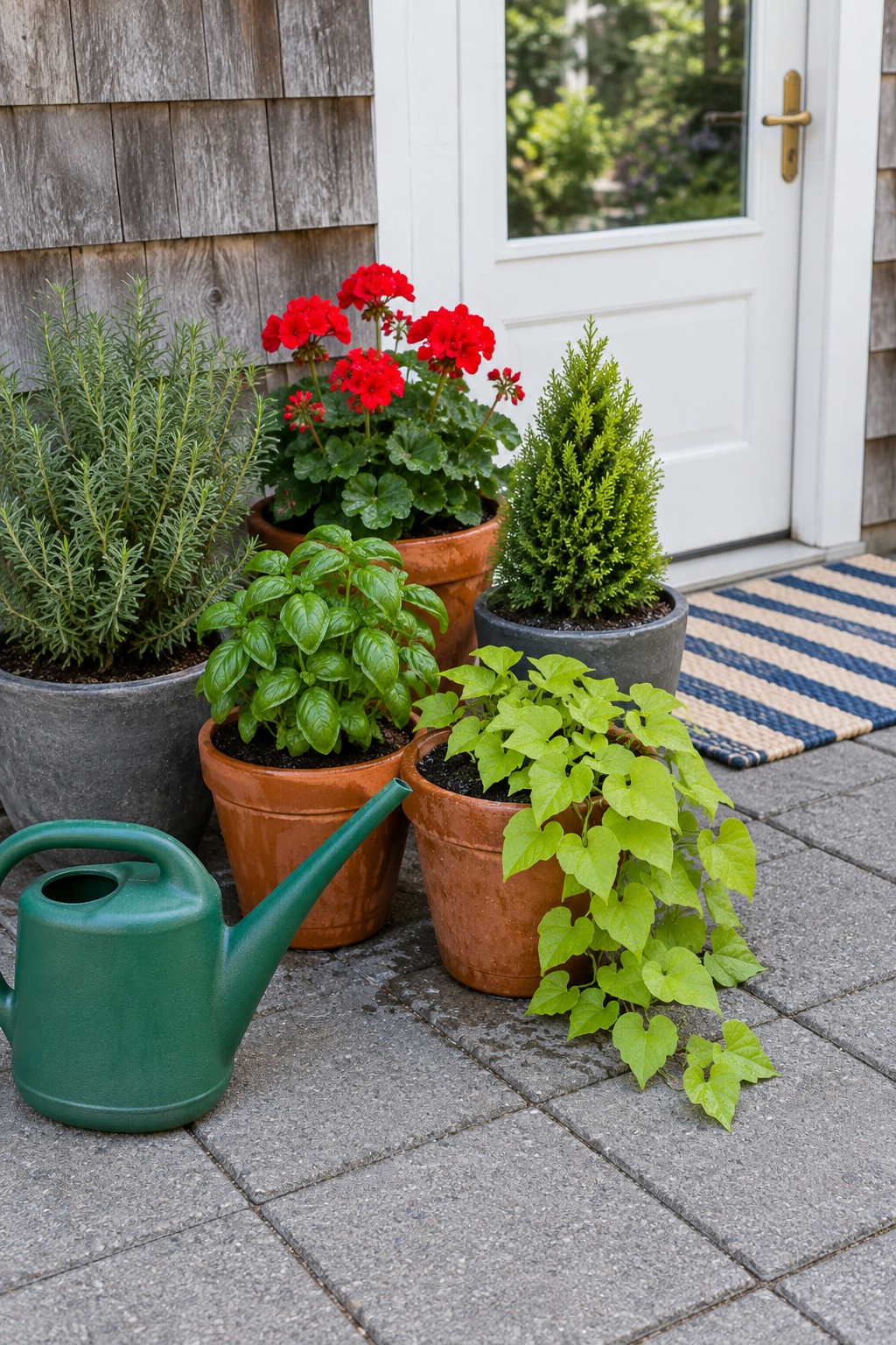 Green two gallon watering can on wet pavers beside potted rosemary, red geraniums, basil, a dwarf cypress and sweet potato vine by a back door
