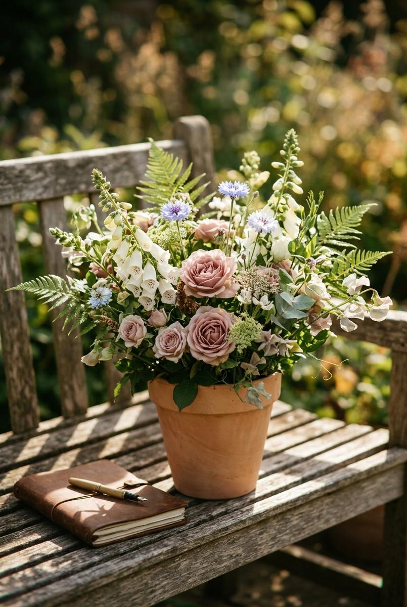 Small jars of garden flowers arranged on a kitchen table