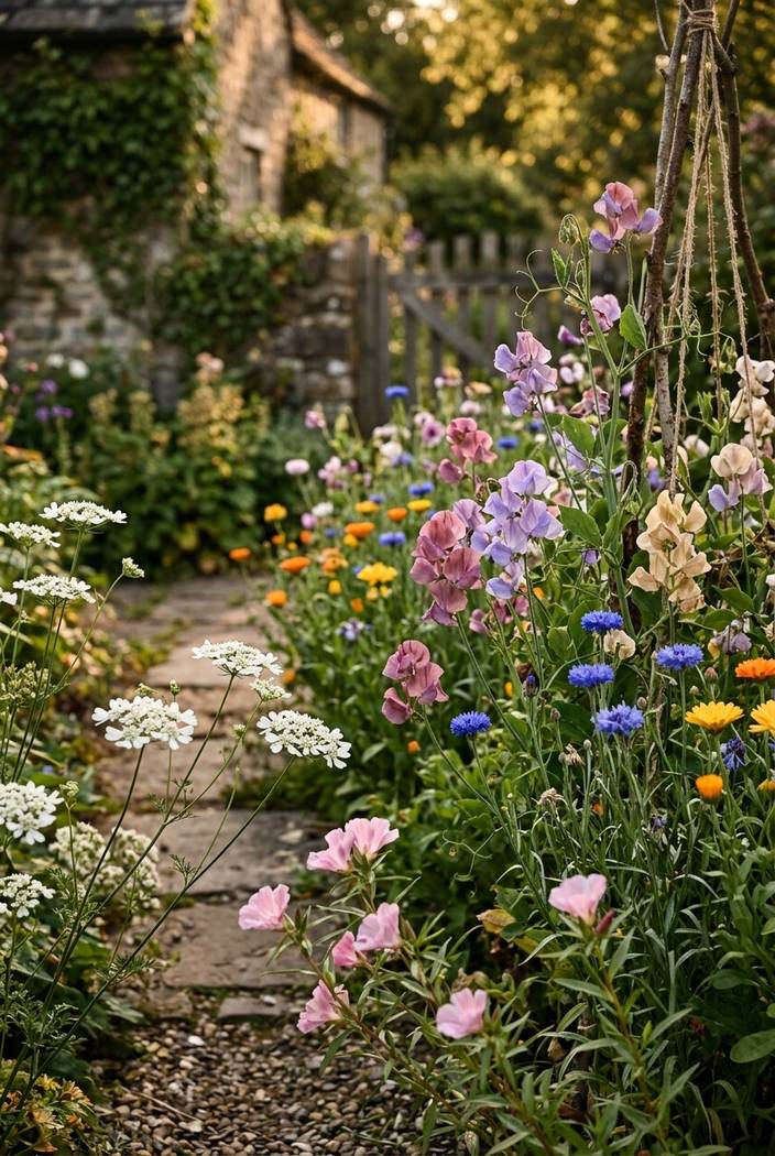 Cottage garden bed with mixed March-sown flowers in full bloom showing sweet peas, bachelor's buttons, and calendula