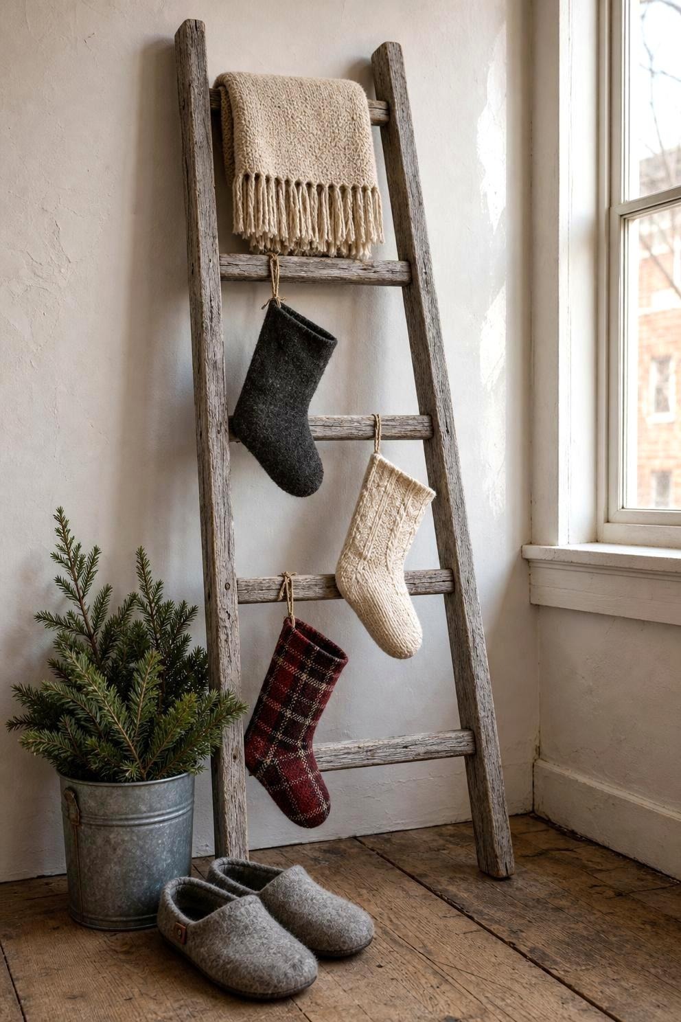 A weathered wooden ladder leaned against a pale wall with three stockings hanging from its rungs at different heights and a folded wool throw over the top rung
