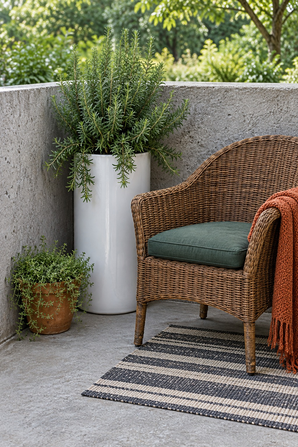 Glossy white cylinder planter with a full rosemary plant in the corner of a concrete patio beside a wicker chair with a green cushion and rust throw