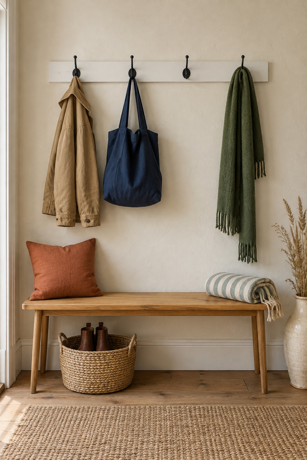 White four-hook rail on a cream wall holding a tan jacket, navy tote and green scarf above a wood bench with a rust pillow