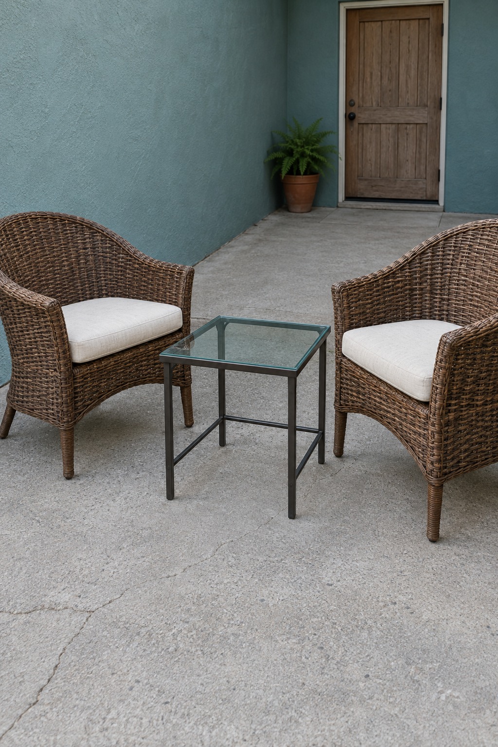 Two brown wicker chairs with cream seat cushions across a small square glass-top table on a gray concrete patio by a teal wall and wood back door
