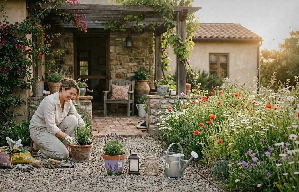 Simple flower planting adding color to a plain house front