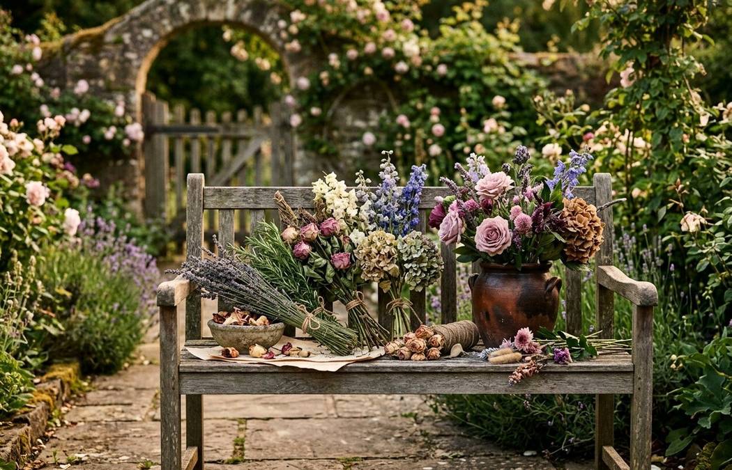 Warm cottage flowers and trailing greenery near house siding