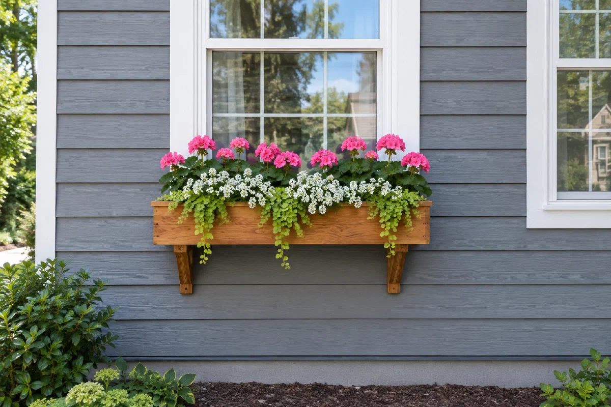Wooden window box beneath a house window with pink and white flowers and trailing green foliage