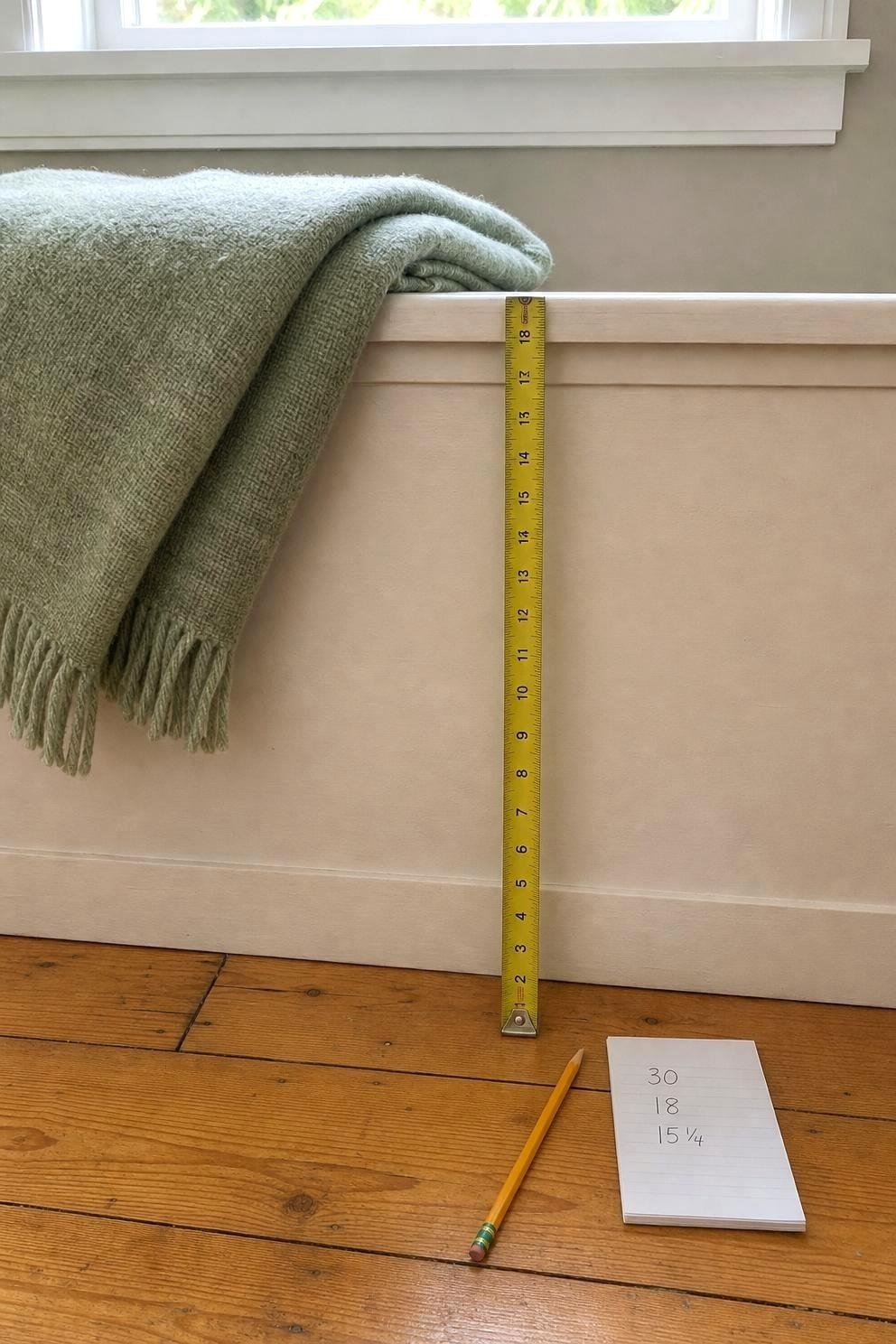 Tape measure standing on the floor against the front of a cream painted bench under a window, with a green throw on top and a notepad and pencil on the floorboards