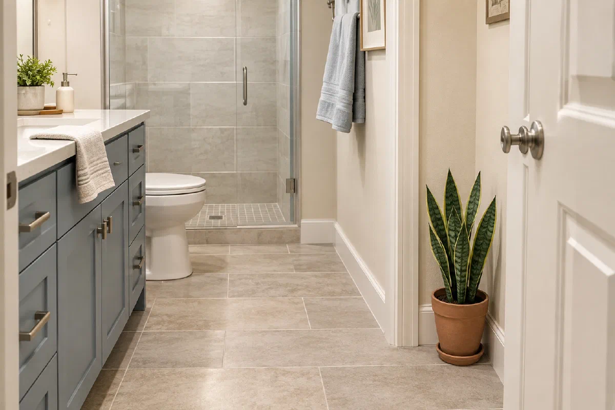 Snake plant in a terracotta floor pot and saucer beside the doorway of a compact windowless bathroom