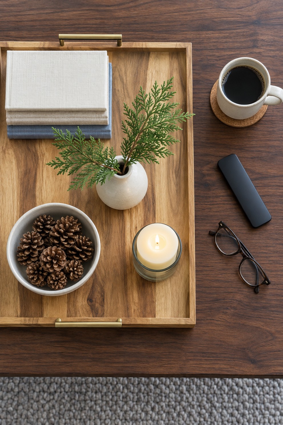 Overhead view of a walnut coffee table with a wood tray holding books, a bowl of pinecones, cedar sprigs and a candle, and a mug and remote on the open end