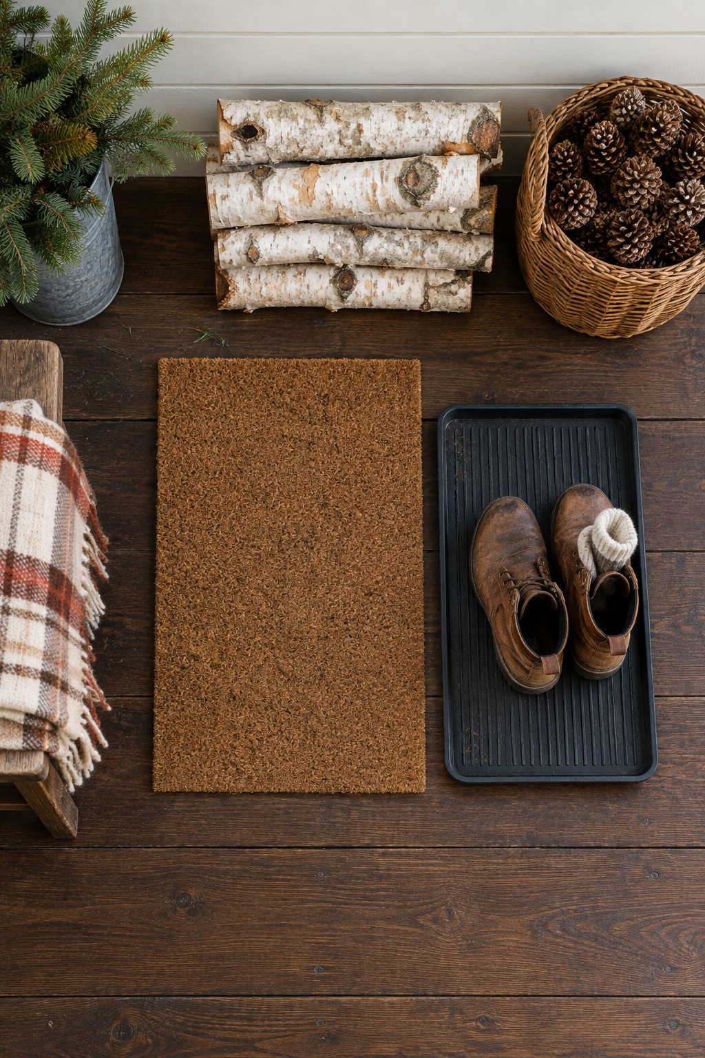 Overhead view of a plain coir mat longer than it is wide, a boot tray with boots, a basket of pinecones and a stack of birch logs