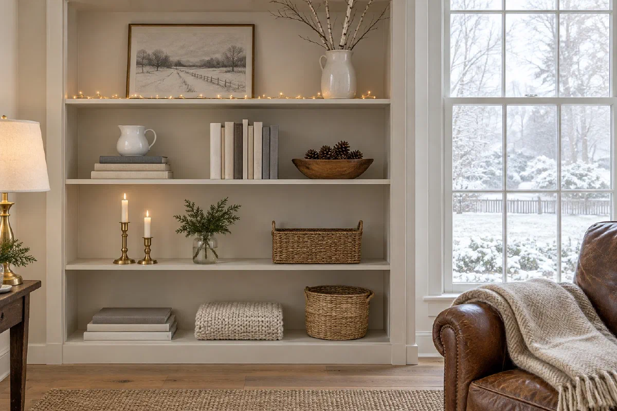 Cream built-in bookcase in January with a framed snow sketch, a vase of birch branches, a pitcher, pinecones, two lit candles, baskets and warm white lights beside a snowy window