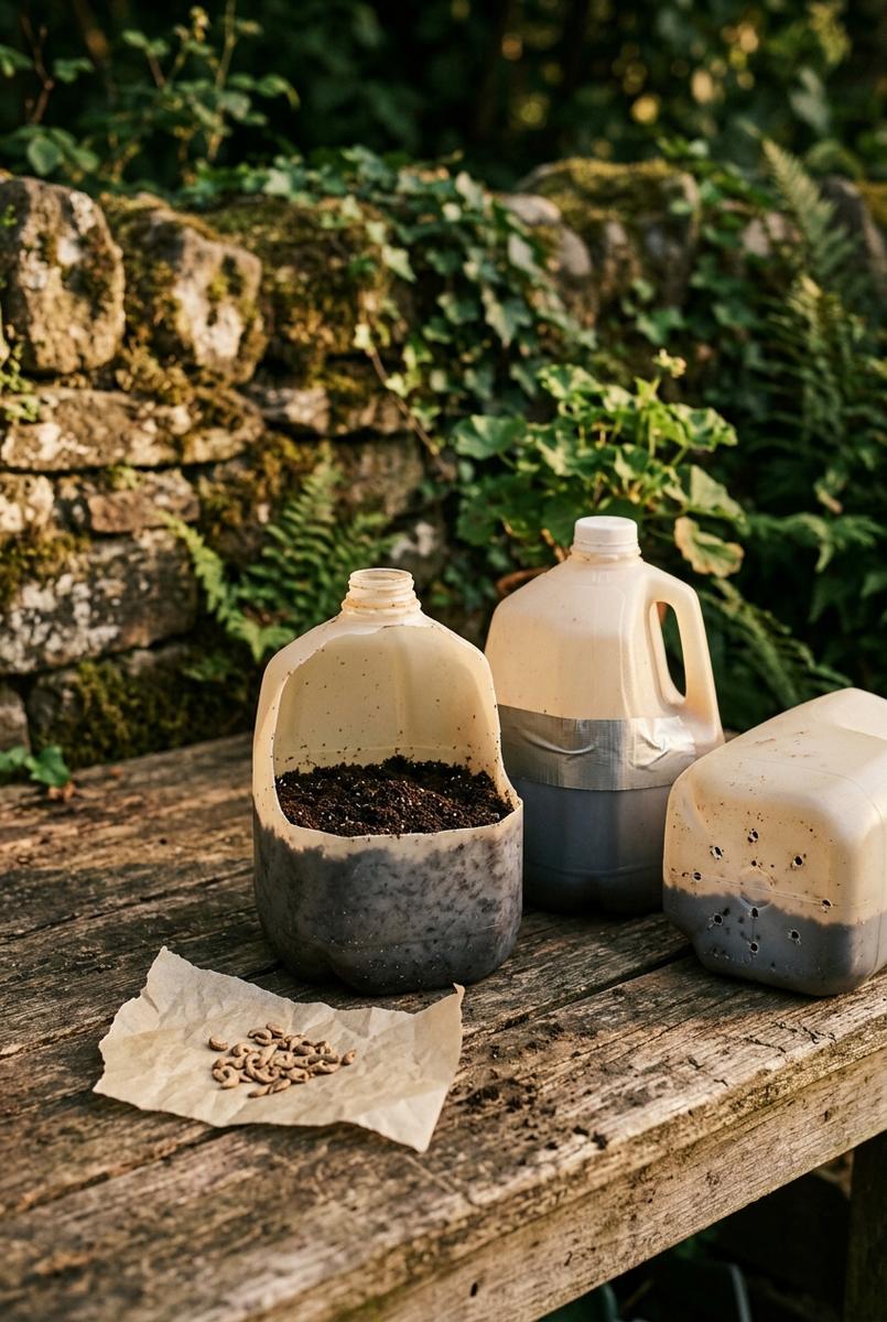 Seedlings emerging in a ventilated milk jug with condensation inside