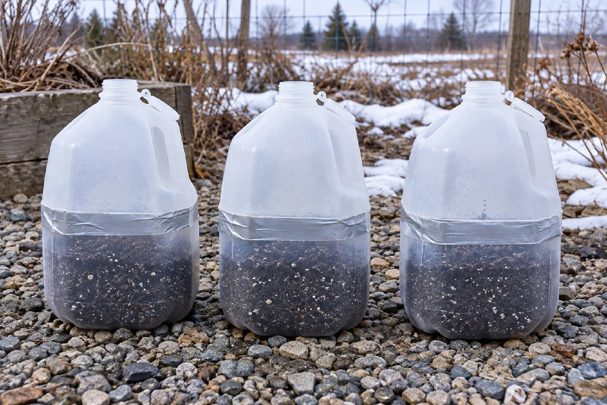 Three closed milk-jug seed containers with their caps removed on gravel outdoors in winter