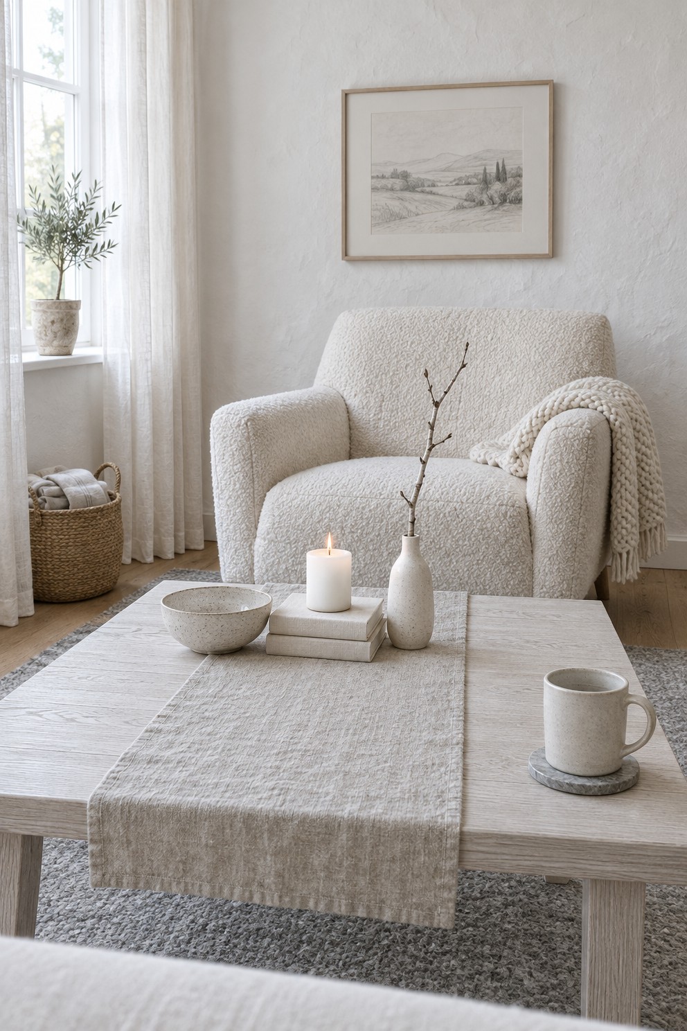 Small whitewashed oak coffee table with a linen runner, a cream ceramic bowl, a white candle on two books and a bare twig in a slim vase, with a mug on the clear end