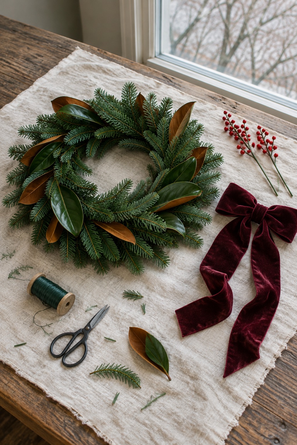 Fir and magnolia wreath on a table beside a burgundy bow, berry picks, wire and scissors