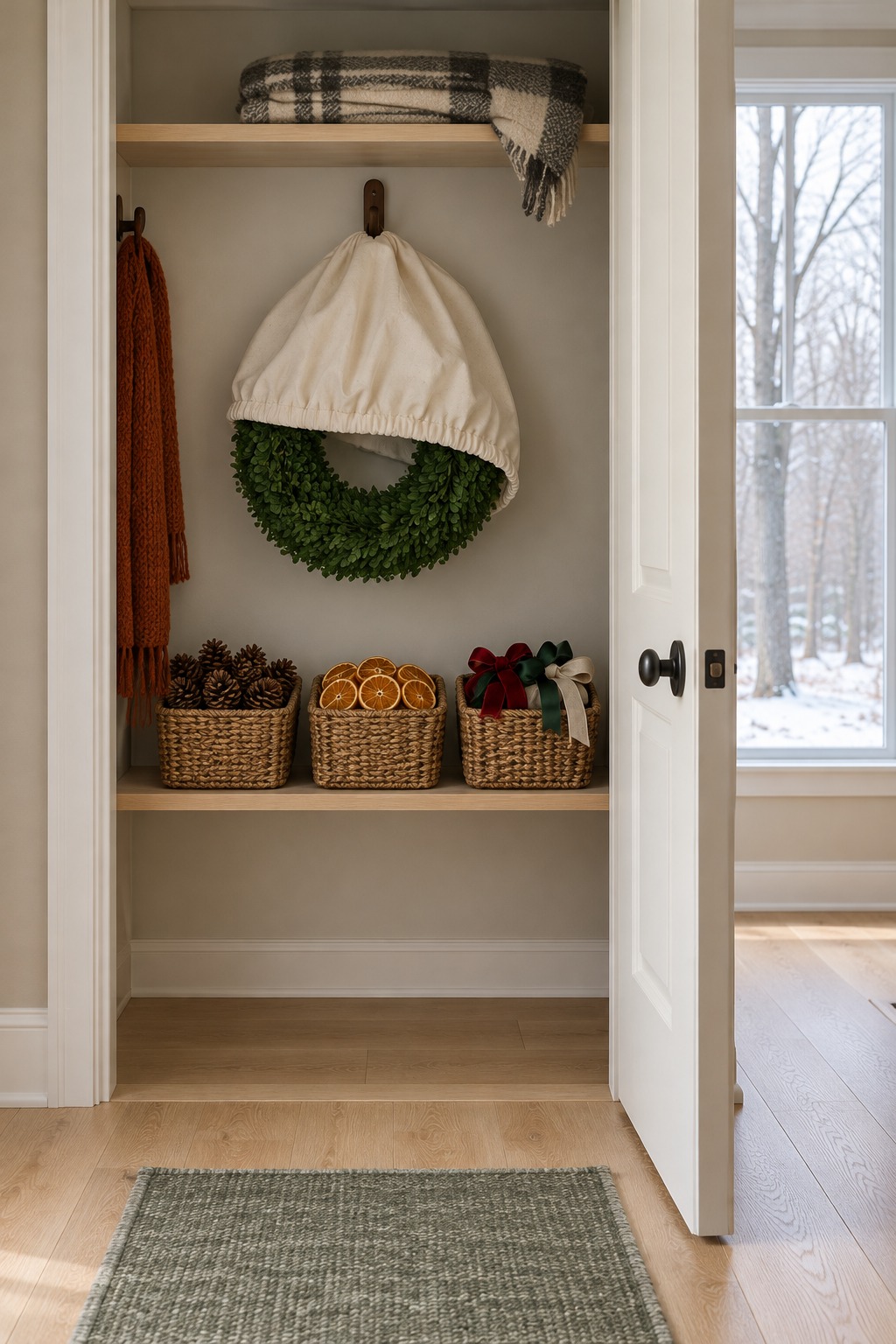 Wreath hanging in a closet under a cotton bag with sorted picks in baskets on the shelf