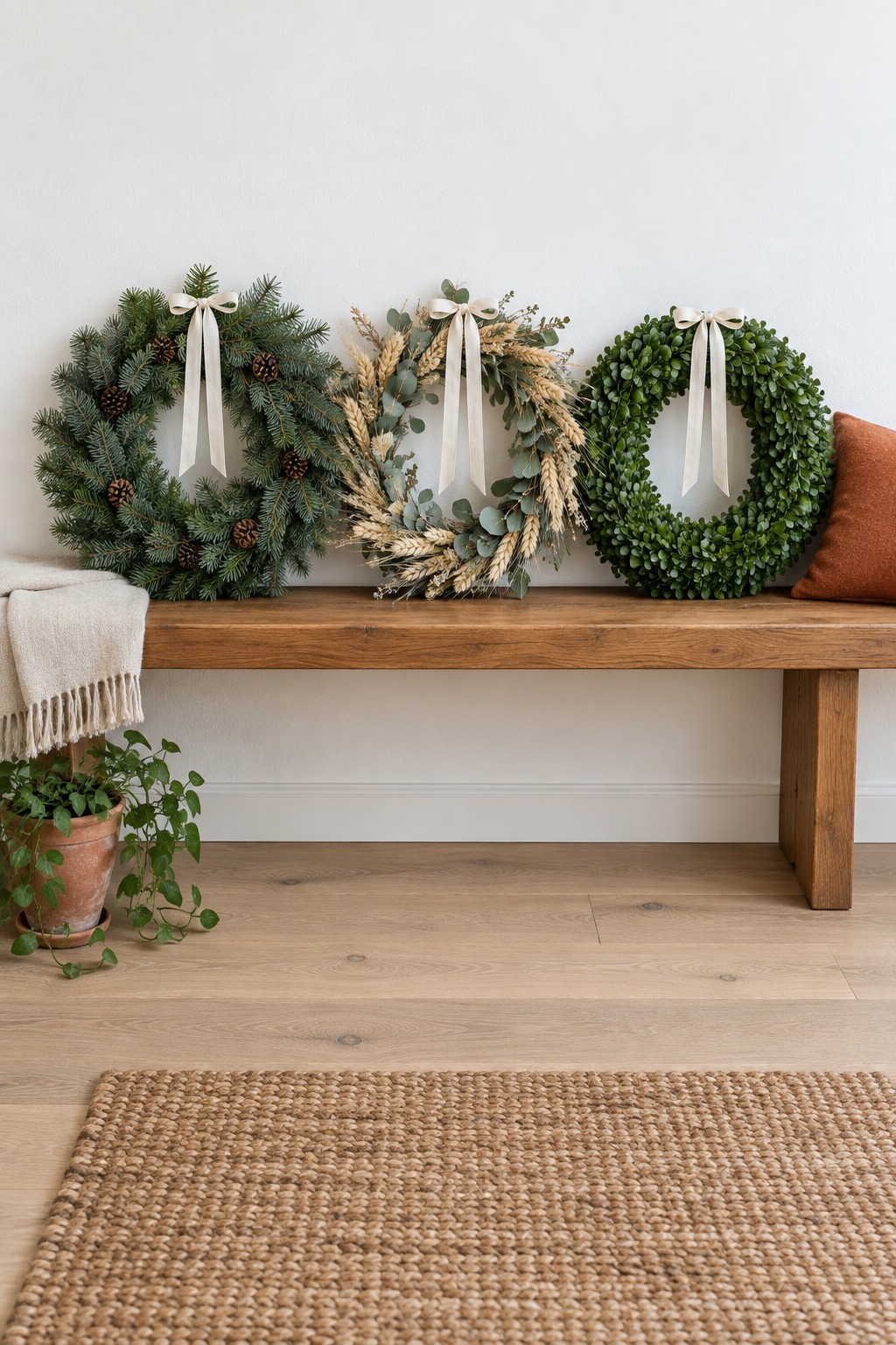 Three wreaths of fresh fir, dried wheat and eucalyptus and boxwood leaning against a white wall