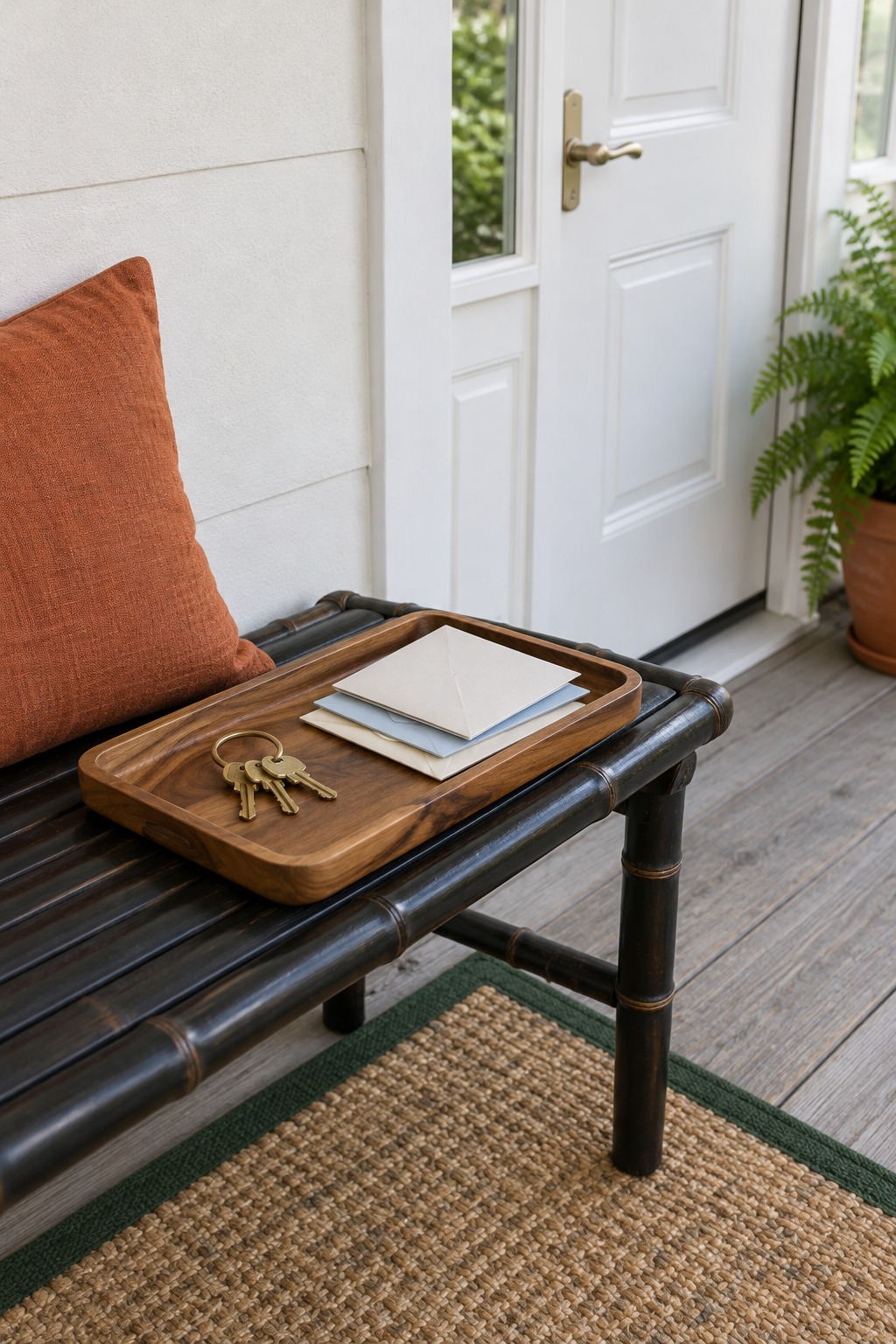 Acacia wood tray holding brass keys and a few envelopes on a black bamboo bench by a white front door, a rust pillow beside it
