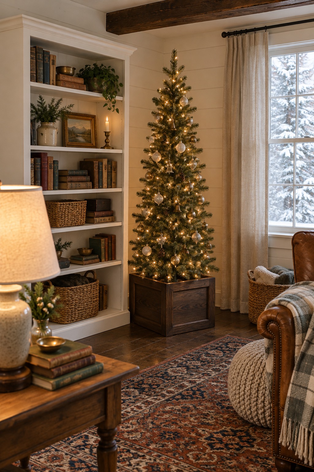 Narrow lit Christmas tree standing in a dark wooden four-panel collar beside a white bookshelf