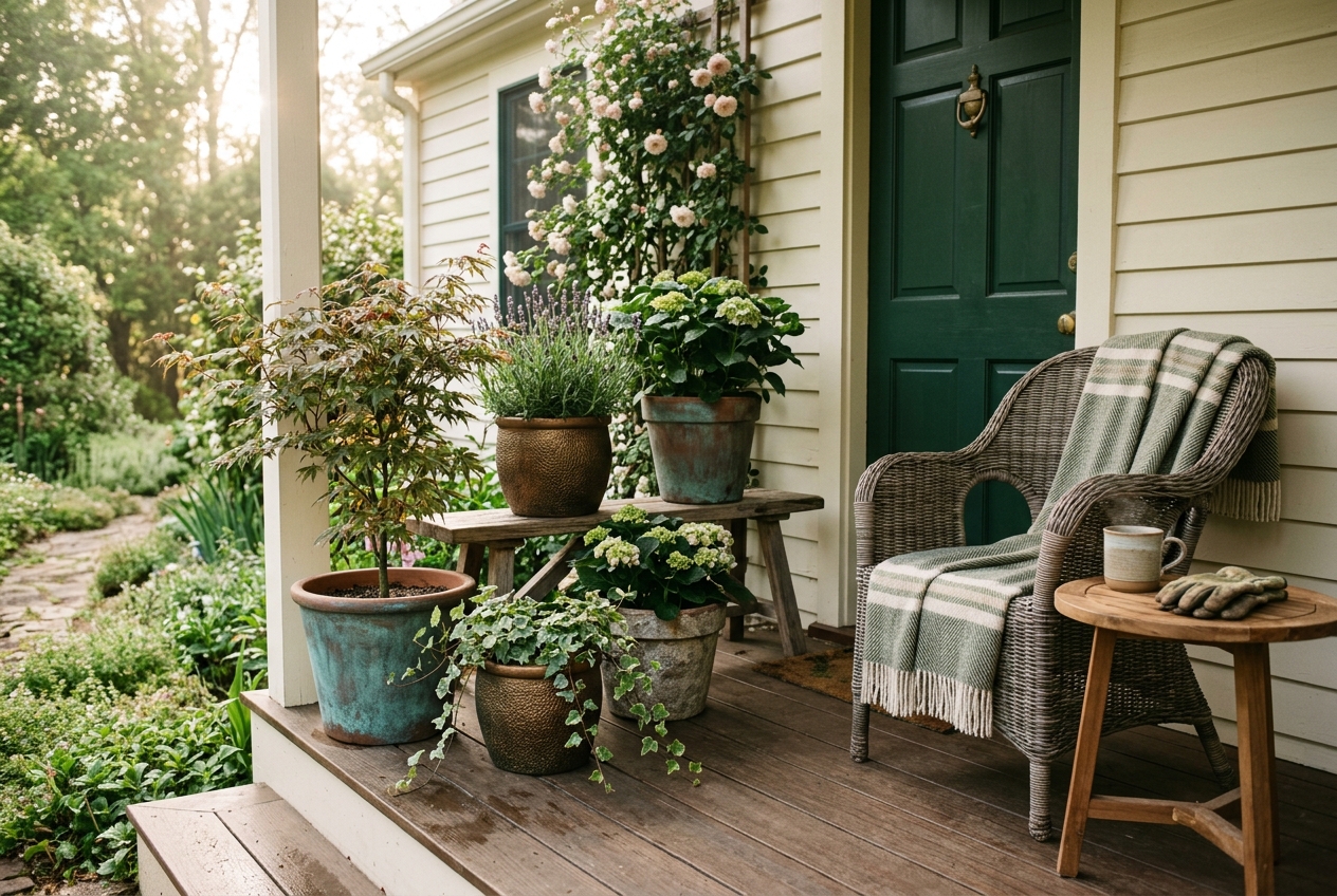 Green front door, wicker chair and grouped porch containers