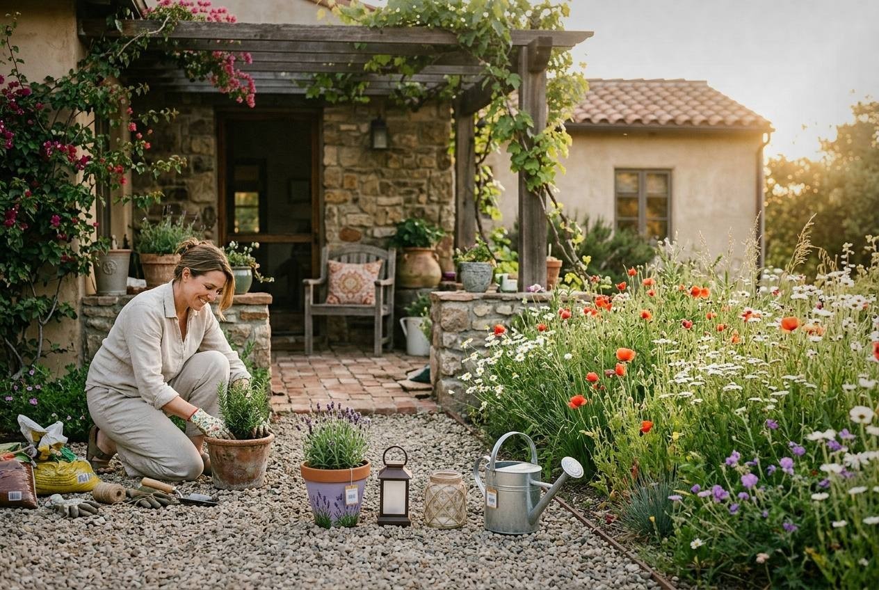 Lavender plants in terracotta-painted pots on either side of a front door